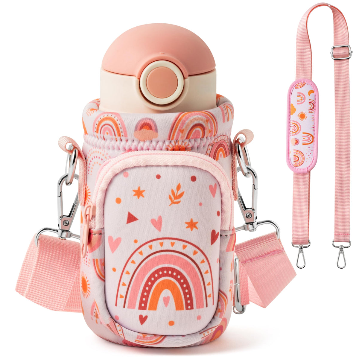 Water Bottle Carrier Bag with Strap for Kids - Boho Rainbow Water Bottle Bag Holder with Padded Strap Pocket 10/12/14/16/18Oz Neoprene Insulated Bottle Bag for Boys Girls School Walking Hiking Camping