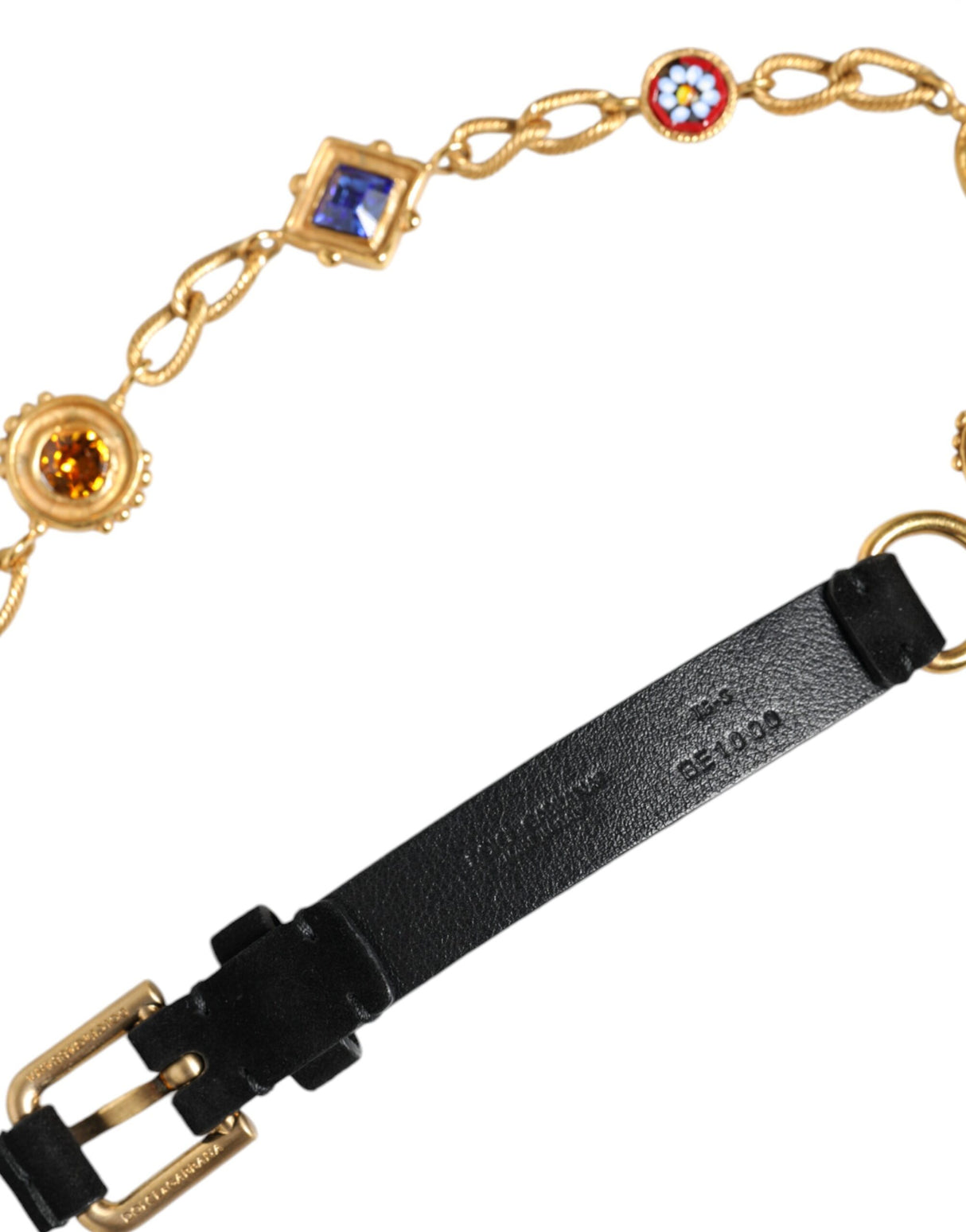 Dolce & Gabbana Black Leather Gold Brass Crystal Chain Waist Belt