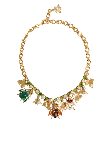 Dolce & Gabbana Gold Brass Crystal Bug Charm Pendant Statement Necklace