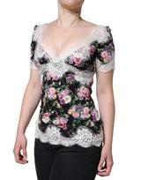 Dolce & Gabbana Black Floral Lace Short Sleeves Blouse Top