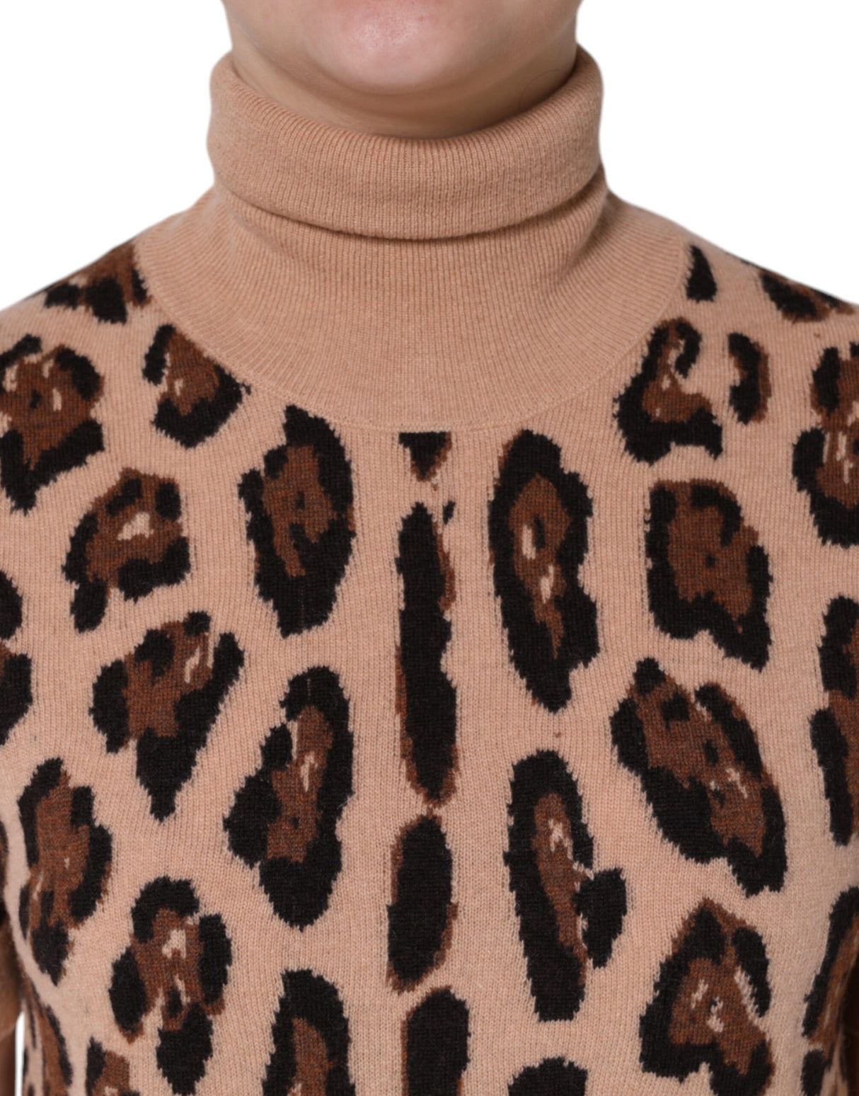 Dolce & Gabbana Beige Leopard Print Wool Turtleneck Top