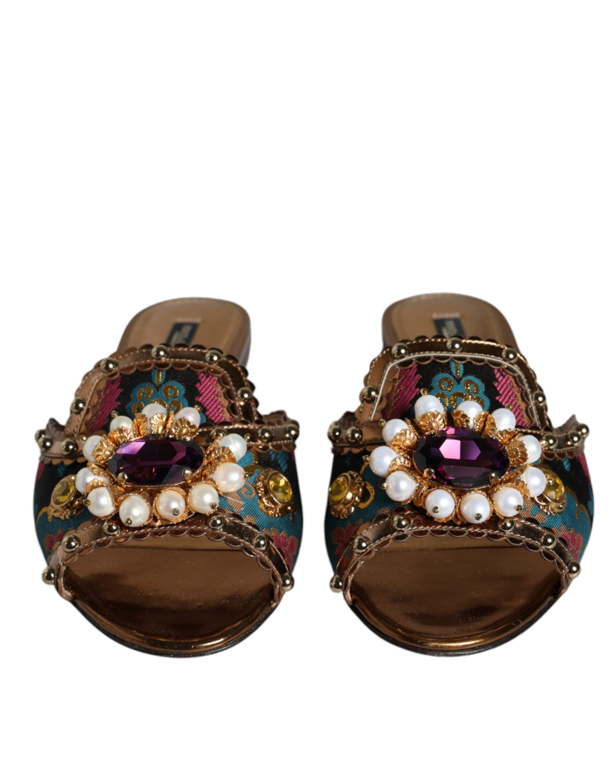 Dolce & Gabbana Multicolor Jacquard Embellished Slides Flats Shoes