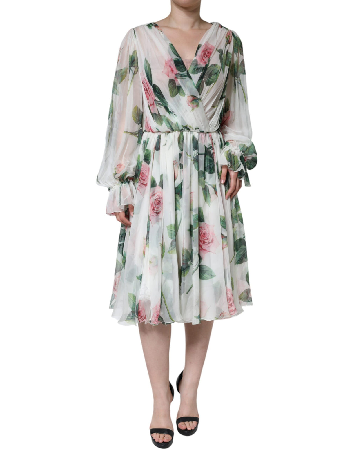 Dolce & Gabbana White Silk Floral Print A-line Midi Dress