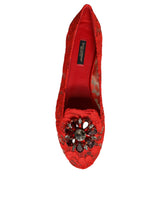 Dolce & Gabbana Red Lace Crystal Ballet Flats Loafers Shoes