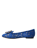 Dolce & Gabbana Blue Lace Crystal Ballet Flats Loafers Shoes