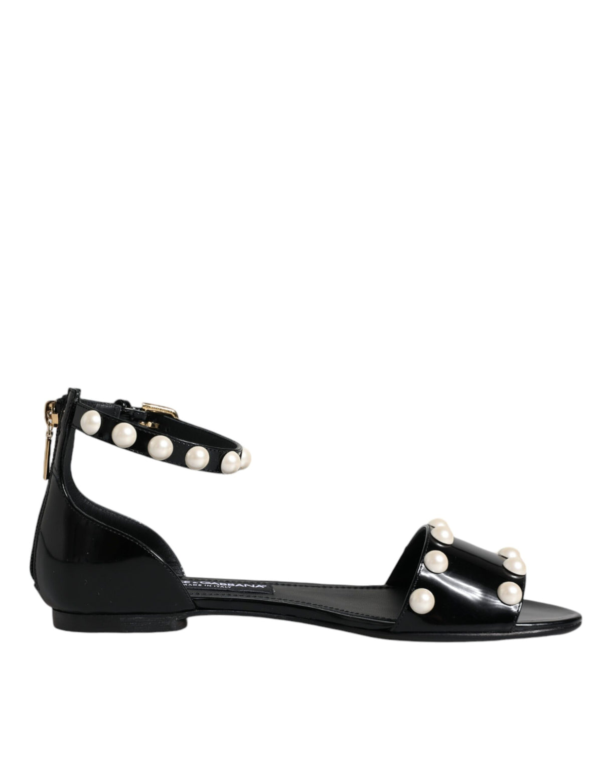 Dolce & Gabbana Black Leather Pearls Ankle Strap Sandals Shoes