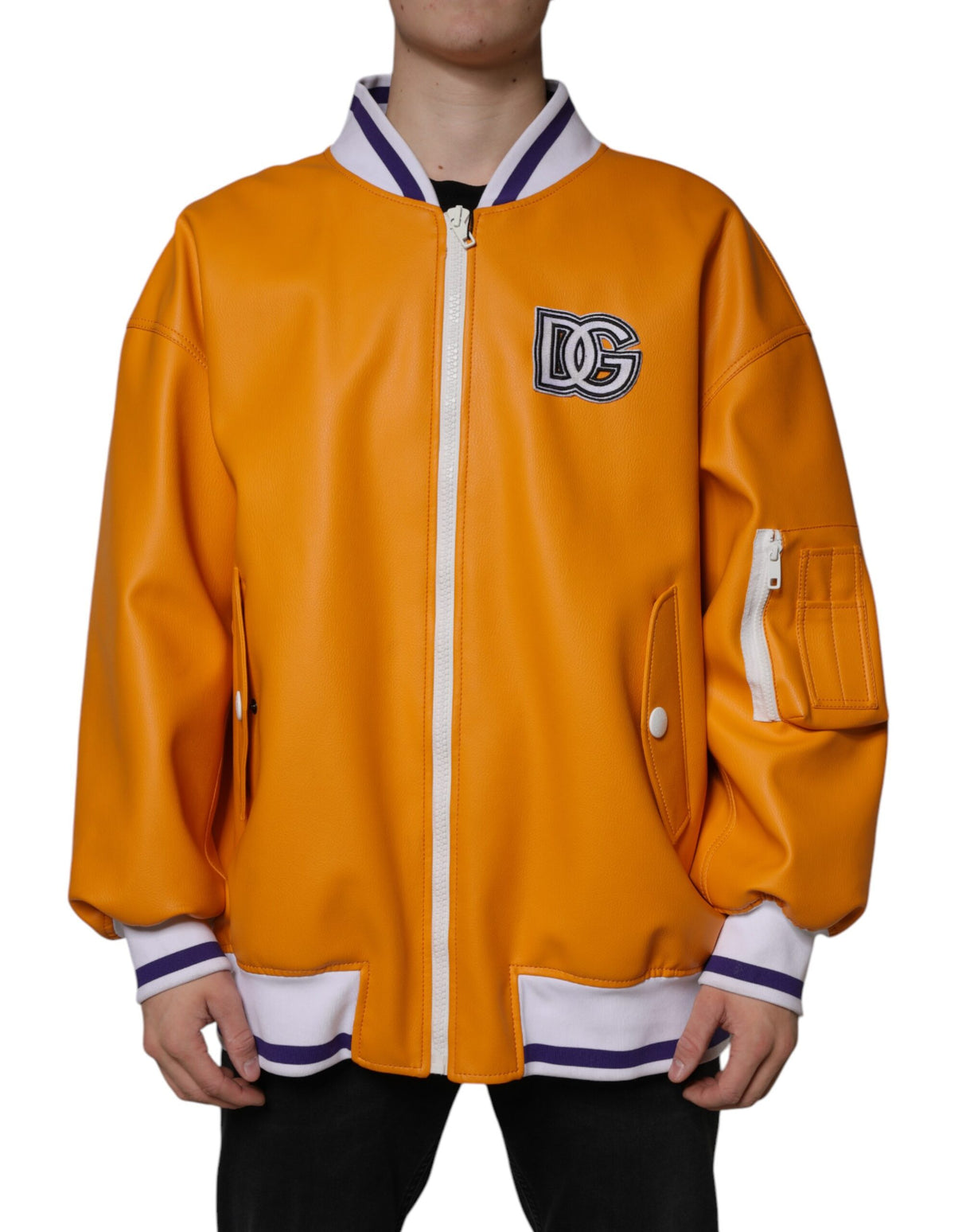 Dolce & Gabbana Orange White Full Zip Jersey Bomber Jacket