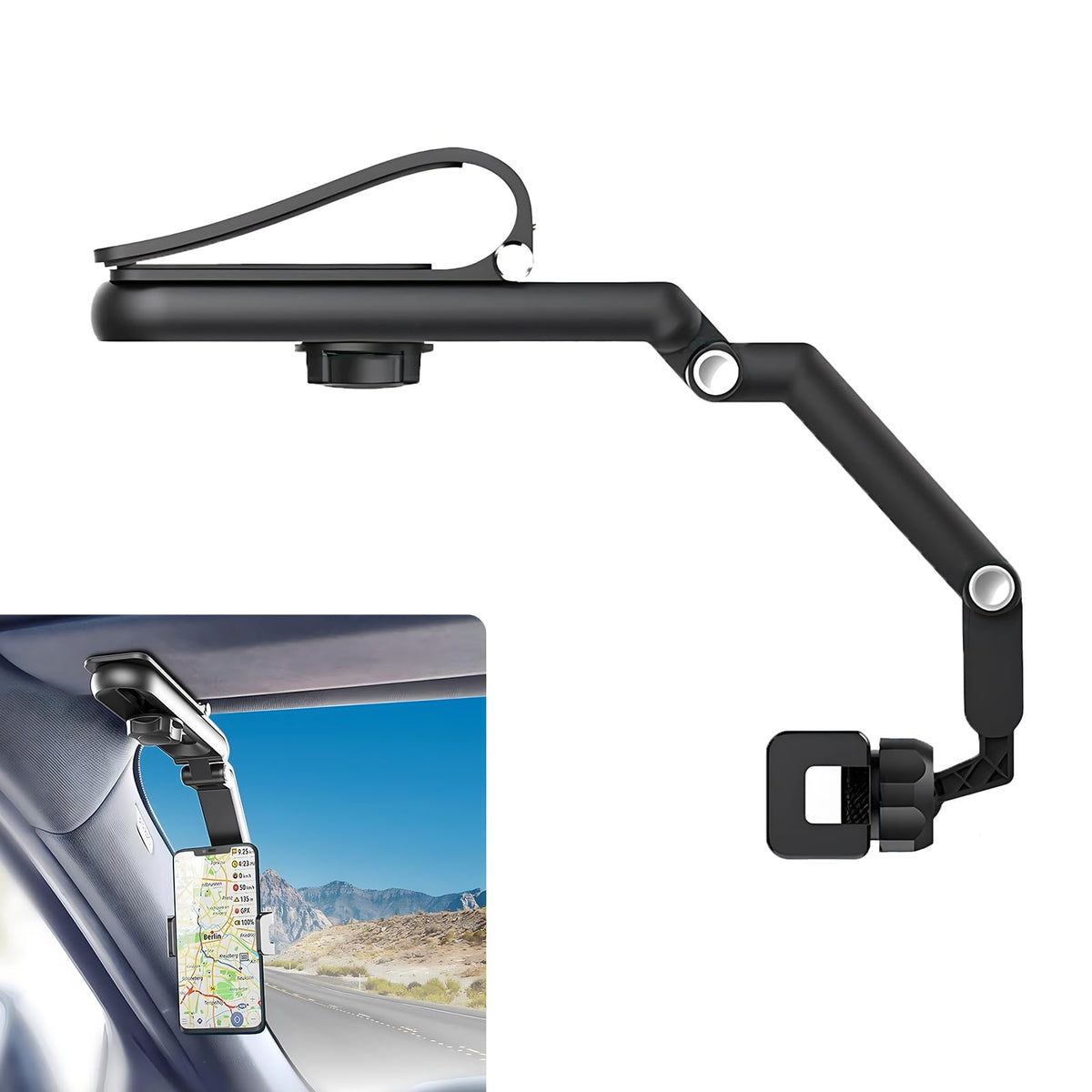 Fluher 1 PC Car Sun Visor Mobile Phone Holder 360-degree Rotating Portable Navigation Stand Multifunctional Retractable Rearview Mirror Moving Phone Bracket Universal for iPhone (Gray)