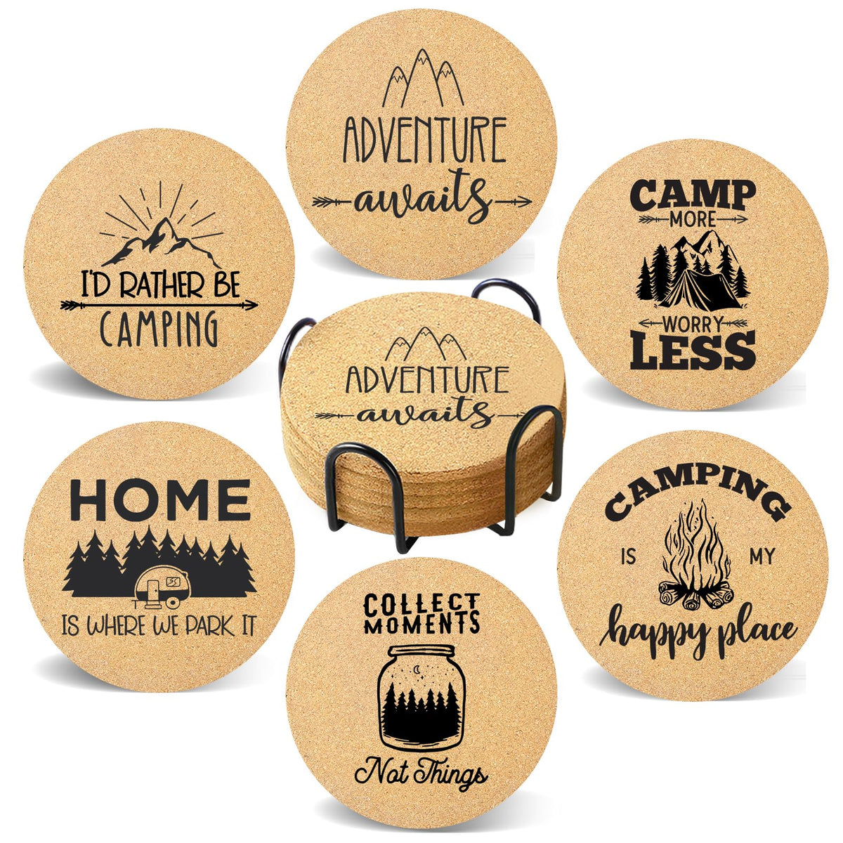 Cegkuc Coasters for Drinks with Holder Set of 6 Absorbent Cork Wood Camping Coaster for Cup Desk Office Table Kitchen Decor House Warming Gifts for New Home Couples Round 4"