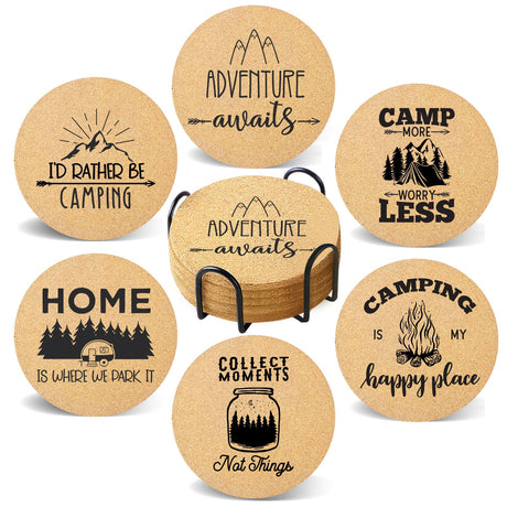 Cegkuc Coasters for Drinks with Holder Set of 6 Absorbent Cork Wood Camping Coaster for Cup Desk Office Table Kitchen Decor House Warming Gifts for New Home Couples Round 4"