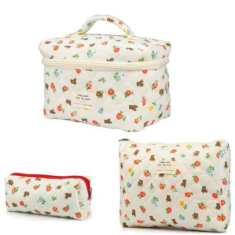 PINKCONA Large Capacity Dual Layer Cotton Makeup Cosmetic Bag (3PCS) Cute Quilted Travel Coquette Aesthetic Floral Make up Bag for Women Toiletry Bag(Bear/3PCS)