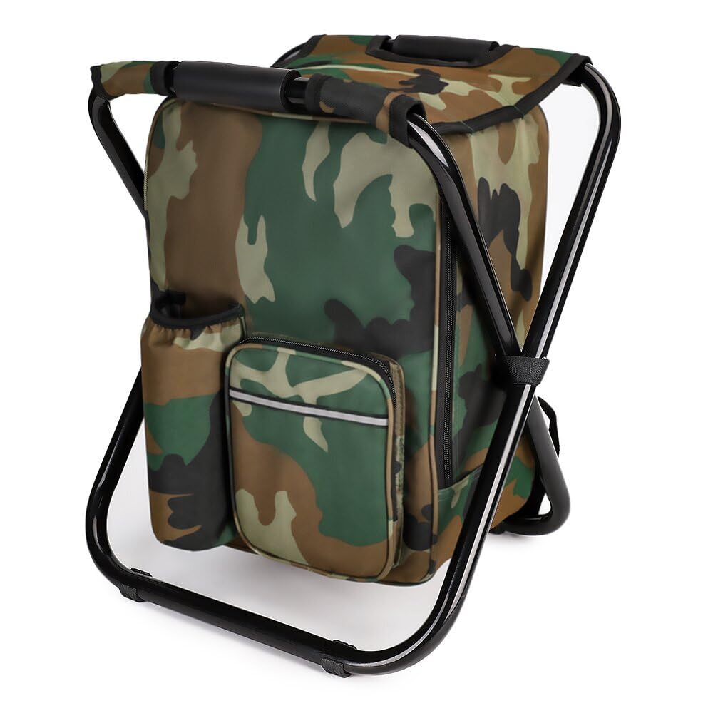 YESIACE Portable Hiking Camouflage Camping Stool Folding Camping Chair Stool Backpack with Cooler Insulated Picnic Bag