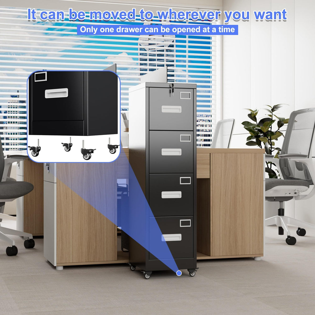 4 Drawer Vertical File Cabinet On Wheels, Lockable Office Files Storage Cabinet With Handle And Name Card,Mobile Storage Cabinet For Office And Home,Assembly Required,Black