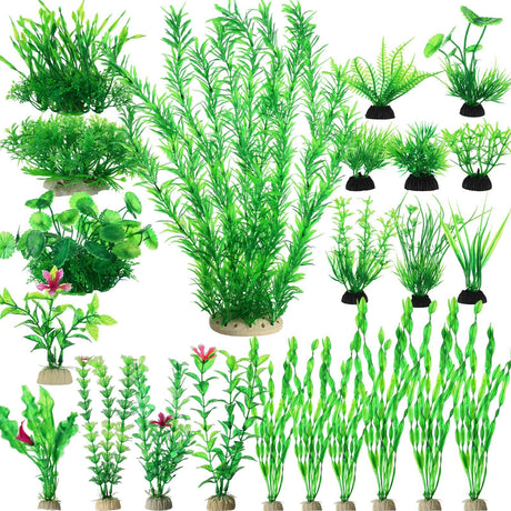 FineCheer 30 Packs Fish Tank Decorations Plants Green Fish Tank Accessories Plastic Aquarium Plants Fish Tank Artificial Plant Assorted Styles Fake Seaweed for Fish Tank Aquarium Decor