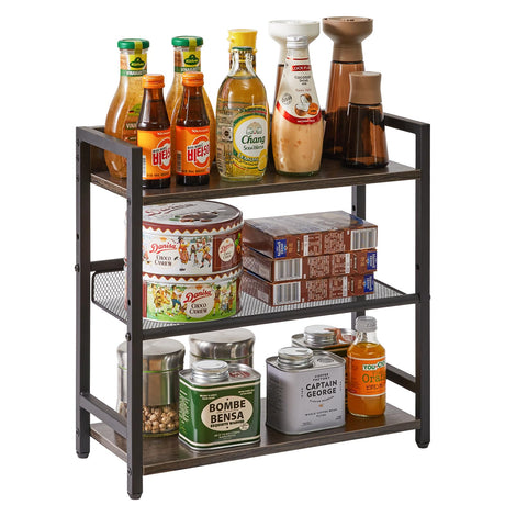 IBUYKE 3-Tier Spice Rack Industrial Counter Shelf Desktop Storage Organizer Standing Seasoning Rack for Countertop Kitchen Office Living Room Desktop Dark Grey UTLJ021G