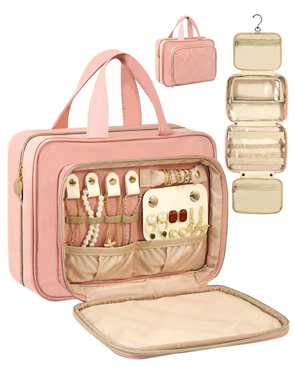 MWODC Travel Toiletry Bag for Women - Stylish and Functional Organizer with Jewelry Compartment - Waterproof Hanging Kit for Makeup and Essentials Pink