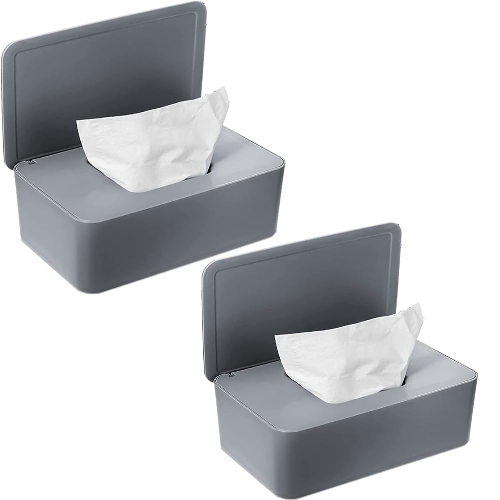 CHIMNE 2Packs Wipe DispenserWipe Holder for Baby & AdultRefillable Wipe Container Keeps Wipes Fresh with Lid for Bathroom Baby NurseryFlushable Storage Case Box (Grey)