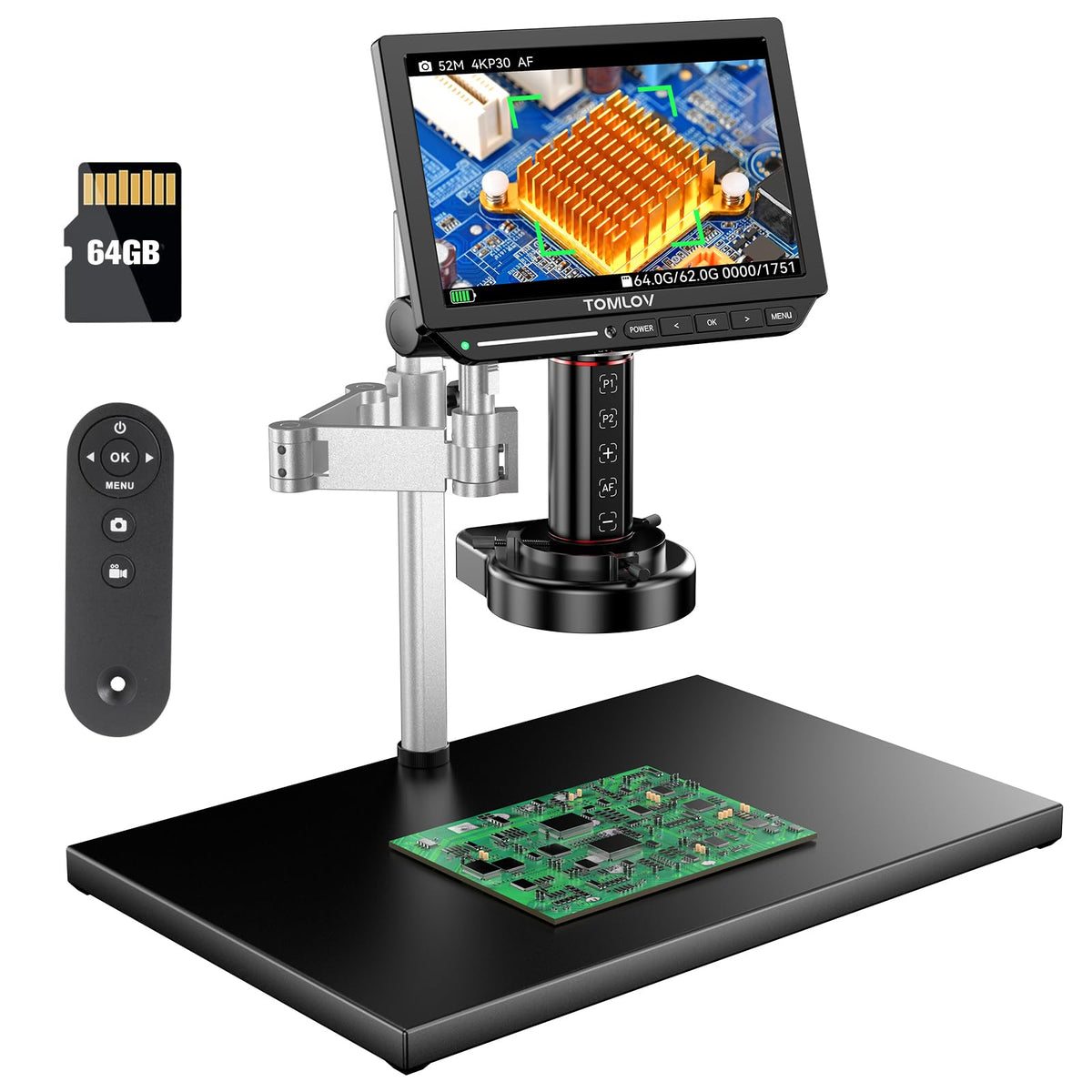 TOMLOV 4K Autofocus Microscope TM4K-AF Max 10.1" HDMI Digital Microscope with Spin Flex Arm Micro Soldering Microscope for Electronics Repair 52MP Error Coin Microscope Full View Ring Light 64G