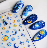 Starry Sky Nail Art Stickers Decals Moon Star Nail Stickers 5D Embossed Nail Decals Blue Yellow Star Moon Planet Nail Design Cute Nail Supplies Night Sky Nail Accessories for Women Nail Decorations