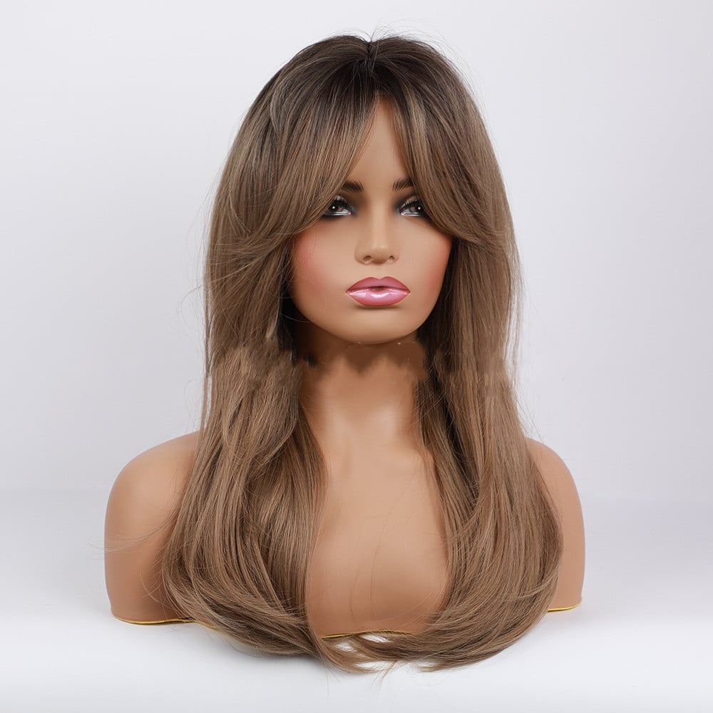 Gradient Golden Long Straight Hair with Bangs
