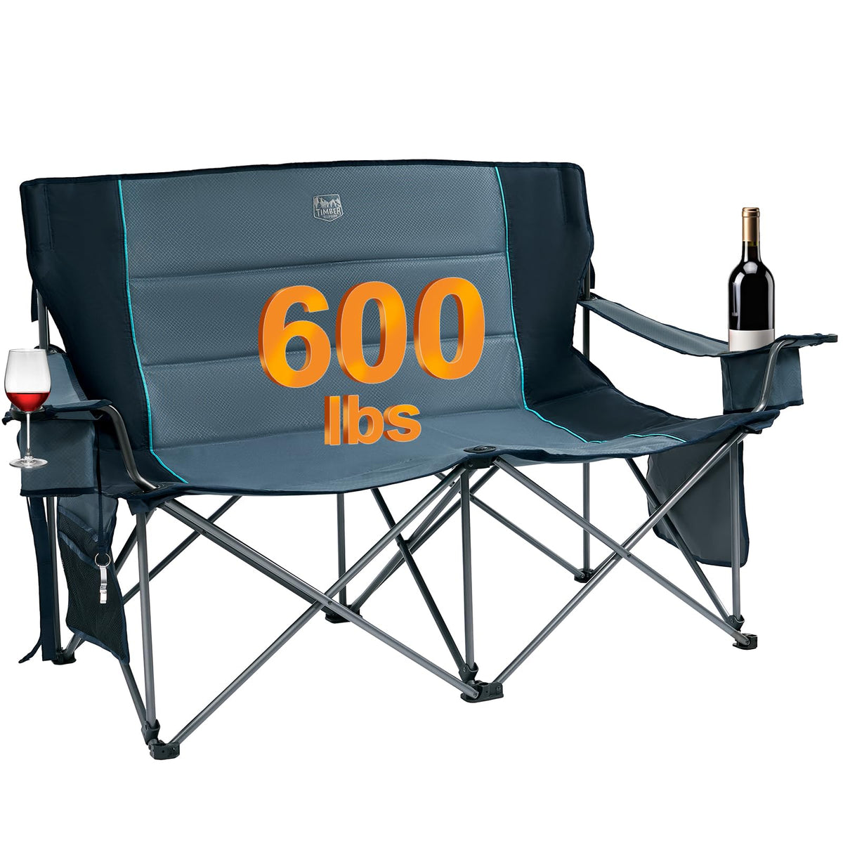 TIMBER RIDGE Oversized Double Camping Chairs Camping Couch 2 Person Camping Loveseat Double Folding Camp Chair with Wine Glass Holder Portable Chair for Outdoor Lawn Chairs Indoor Supports 600LBS