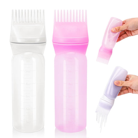 6 Ounce Root Comb Applicator Bottle 2 Pack Hair Oiling Applicator Bottle with Graduated Scale Hair Dye Brush Oil Bottles for Hair Styling Profssional Hairdressing Coloring Styling Tool(Whie & Purple)