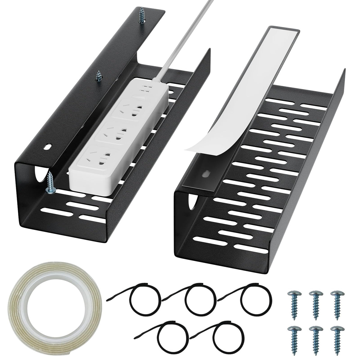 Self-Adhesive Under Desk Cable Management Tray 2 Pcs Steel Under Desk Wires Organizer Power Strip Management No Drill Under Table Organizer for Cable Storage Holder for Office Home Desk/Table