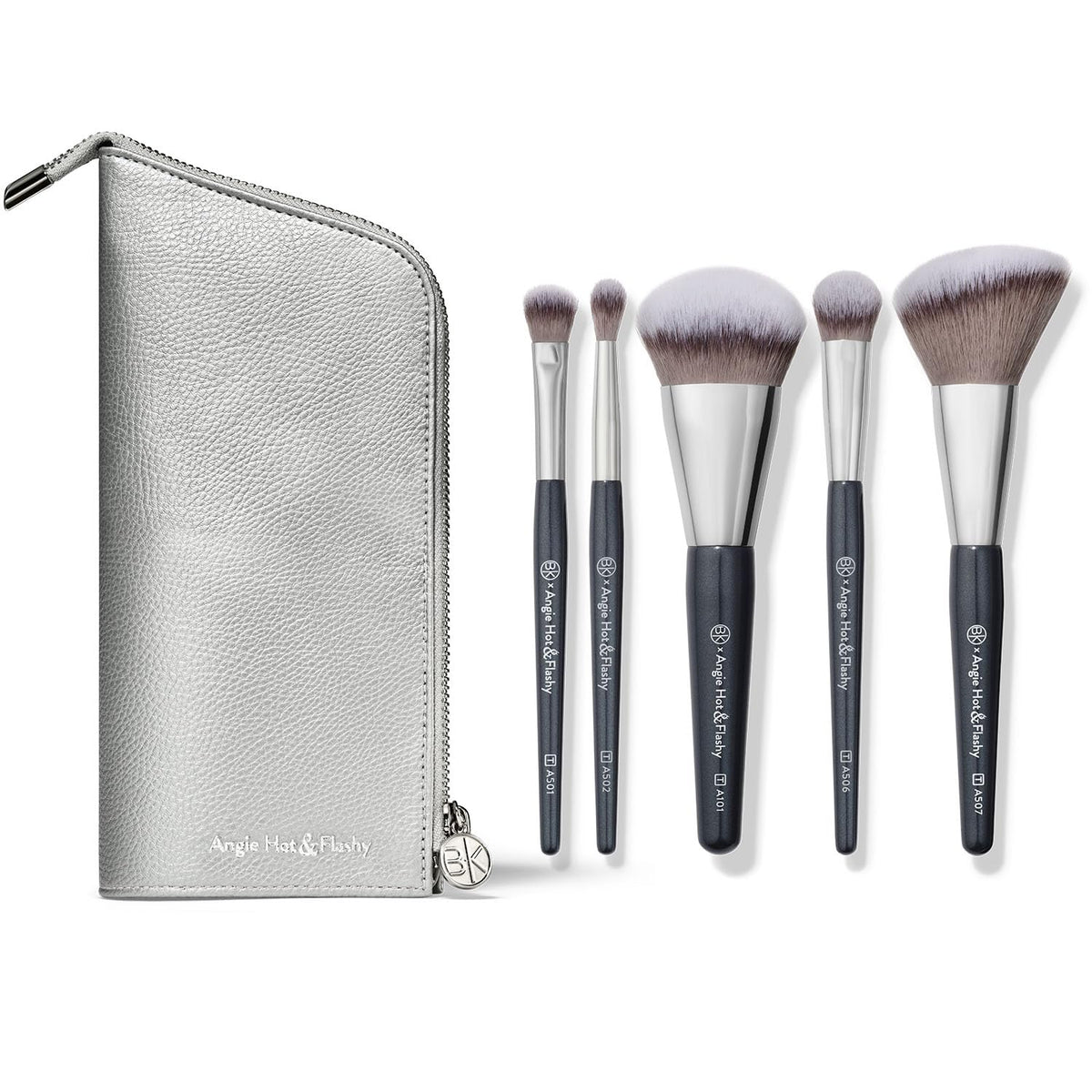 BK BEAUTY BRUSHES - ANGIE HOT & FLASHY Travel Brush Set with Pouch - Foundation Makeup Brushes - Brush for Liquid or Cream Foundations - Under-Eye Concealer | Bronzer Blush & Highlighter Makeup Brush