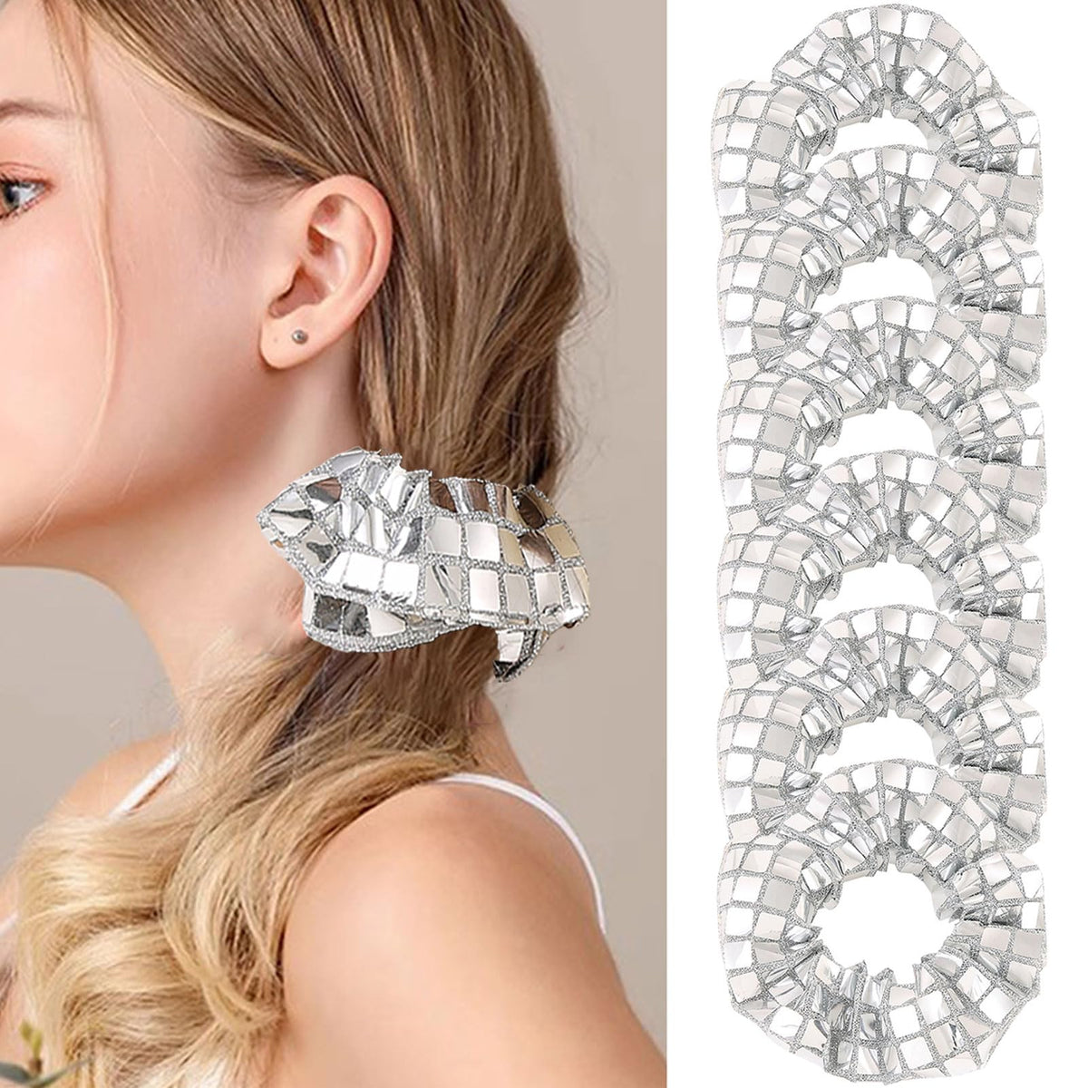 BAISEN 6 Pcs Sequin Hair Scrunchies for women Metallic Silver Elastics Ponytail Holders Retro Light Up Scrunchies for Girls Disco Ball Favors Hair Accessories for Christmas Rave Party (6 silver)
