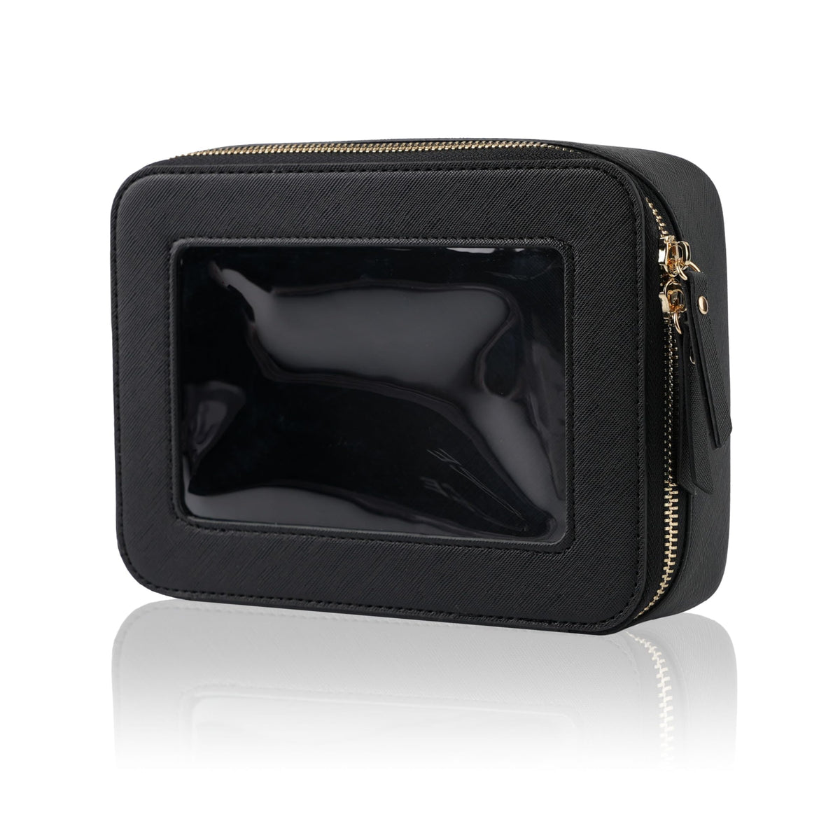 IRROMI Clear Makeup Case Durable Saffiano Faux Leather Travel Cosmetic Bag Toiletry Bag with Visual Window & Dual Zippers Travel Essentials for Women (Black Medium)