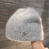 Women's Thick Rabbit Hair Knitted Hat with Rhinestones