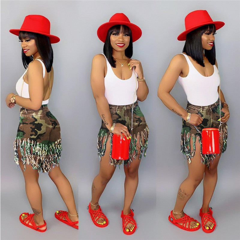 Fringed Camouflage Print Shorts for Women