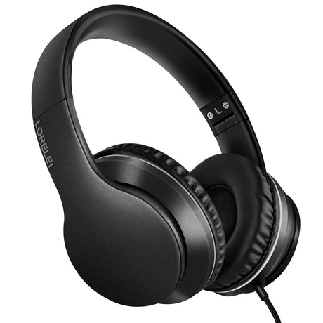 LORELEI X6 Over-Ear Headphones with Microphone Lightweight Foldable & Portable Stereo Bass Headphones with 1.45M No-Tangle Wired Headphones for Smartphone Tablet MP3 / 4 (Space Black)