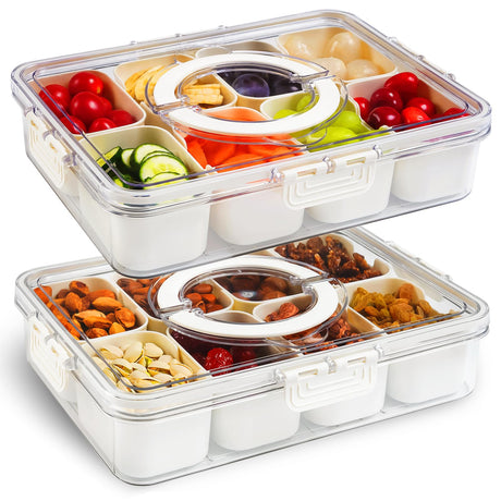 𝟮 𝗣𝗮𝗰𝗸 Divided Serving Tray with Lid and Handle 8 Compartments Portable Snackle Box Container for Fruit Veggies Clear Snack Containers for Kids and Adult Perfect for Travel Camping Picnic