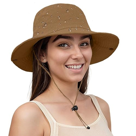 Lanzom Sun Hat for Women Men Wide Brim Waterproof Hiking Hat Foldable Hat for Fishing Gardening Camping Beach (US Alpha Small Medium Light Brown)