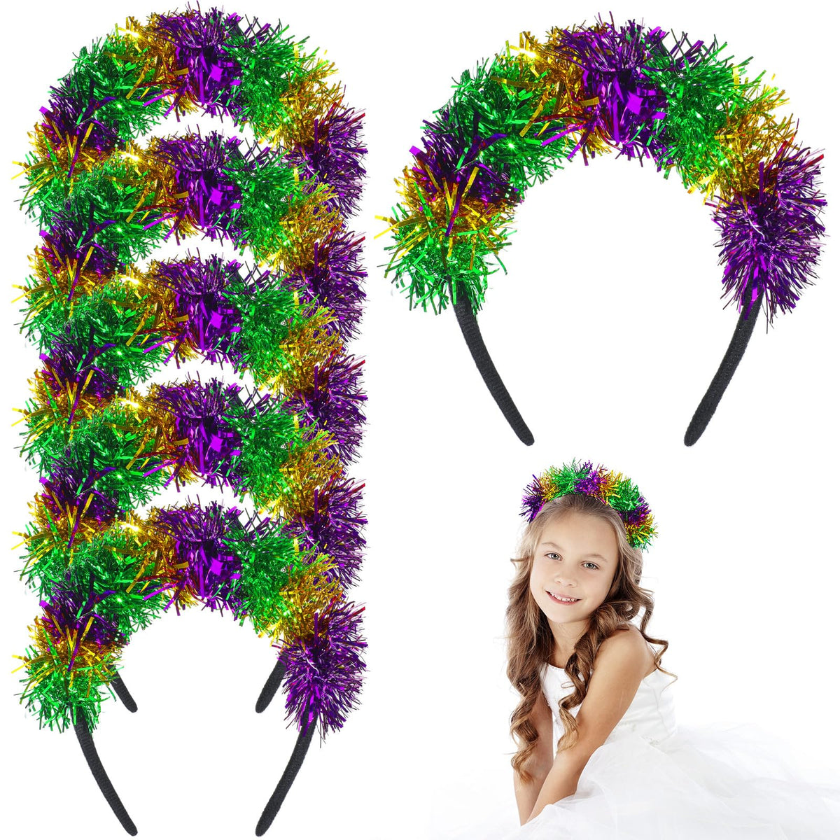 Hotop 6 Pcs Mardi Gras Headband Pom Pom Headband Glitter Carnival Costume Party Hair Hoop Accessories for Women Men(Purple Green Gold)