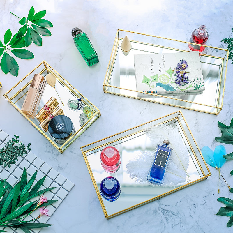 Rectangular Gold Metal Glass Makeup Organizer Tray