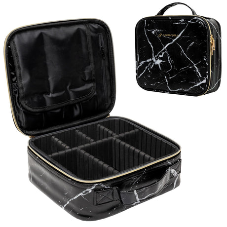 Carrywell |Not Made In China| Makeup Train Case Cosmetic Travel Organizer For Professional Beauty Artist Portable Storage Bag W/Adjustable Dividers For Jewelry and Brushes (2 Marble Small)