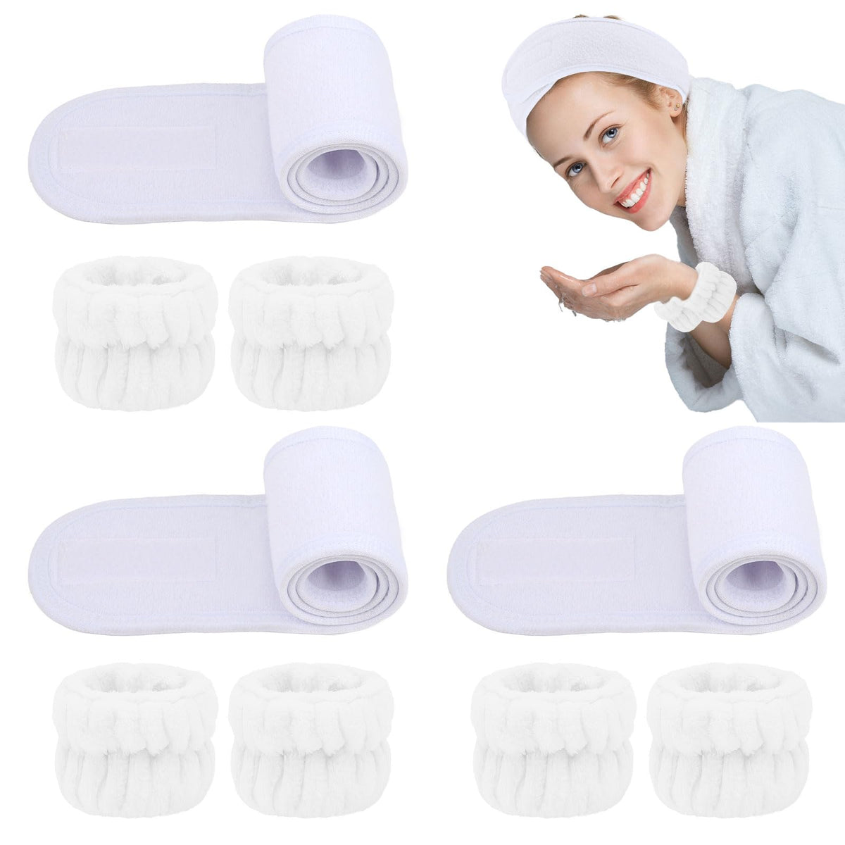 BAHABY 9 PCS Spa Facial Headbands and Wrist Bands Set Cloth Headband Adjustable Hairband Highly Absorbent Wristbands Headband for Washing Face Shower Skincare Makeup (White)