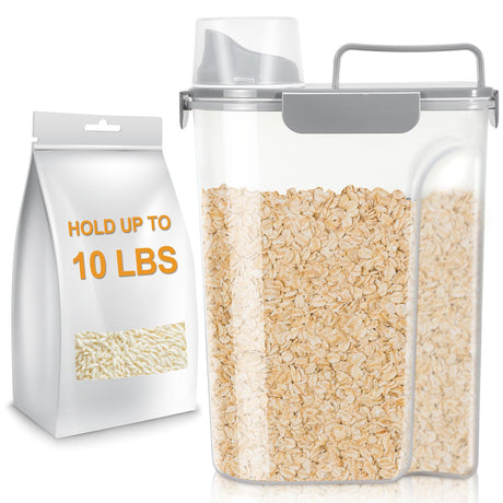 TBMax Airtight Rice Storage Containe 8 Lbs - 10 Lbs Cereal Container Dispenser Pet Cat Dog Food Storage Container Plastic Kitchen Pantry Food Storage Container with Cup -Light Grey