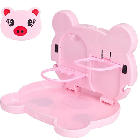 WAYUTO Car Backseat Tray Table with 2 Hidden Hook 2 Drink Cup Holder Cartoon Animal Vehicle Storage Stand Organizer Portable Foldable Baby Mobile Dining Table for Kids Toy Food Pink Pig