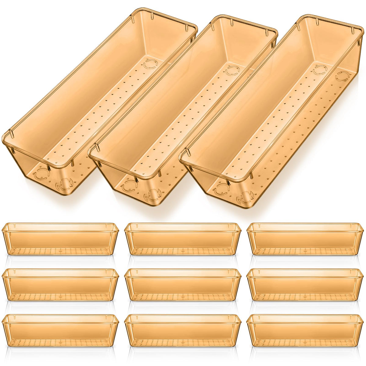 Maitys 12 Pcs Vanity Drawer Organizer 9" x 3" x 2" Clear Plastic Utensil Organizers Kitchen Drawers Dividers for Office Desk Silverware Kitchen Utensils Cosmetics and Bathrooms (Champagne)