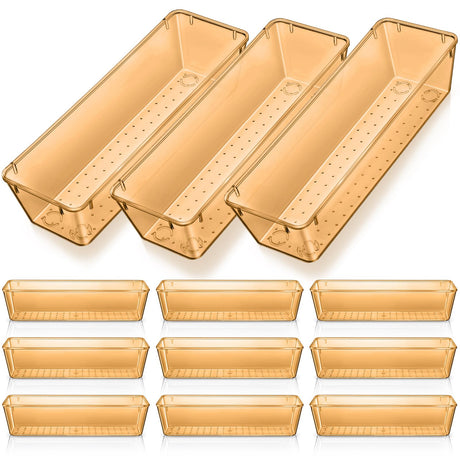 Maitys 12 Pcs Vanity Drawer Organizer 9" x 3" x 2" Clear Plastic Utensil Organizers Kitchen Drawers Dividers for Office Desk Silverware Kitchen Utensils Cosmetics and Bathrooms (Champagne)