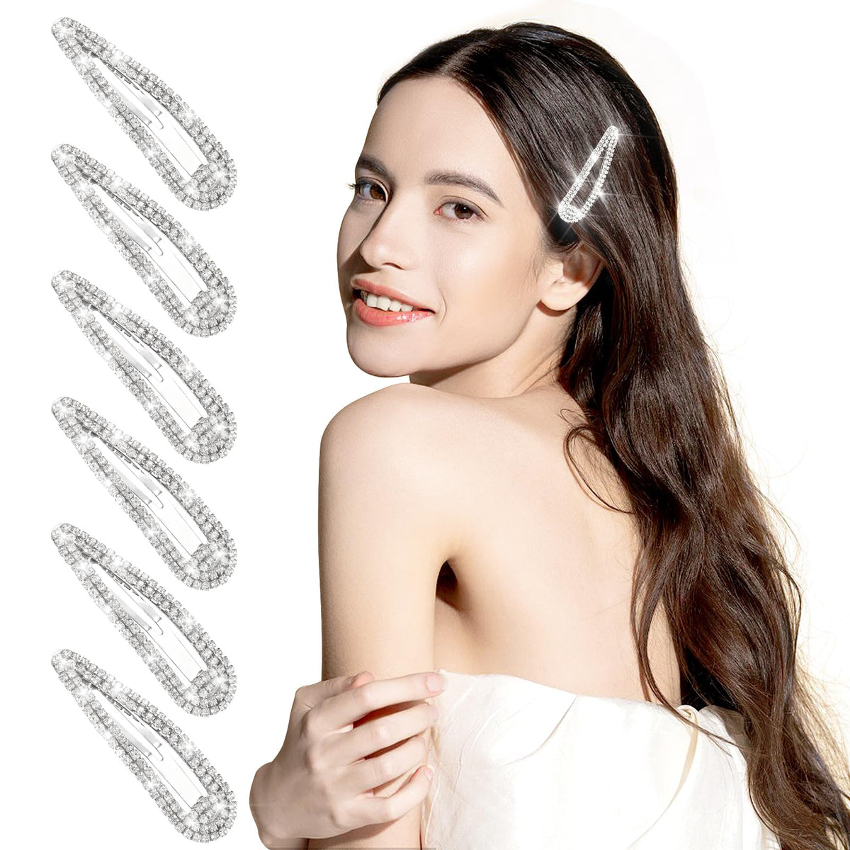 2.4 Inch Rhinestone Hair Clips 6PCS Silver Hair Clips Snap Barrettes for Women Sparkly Hair Pins Decorative Hair Accessories for Girls Women