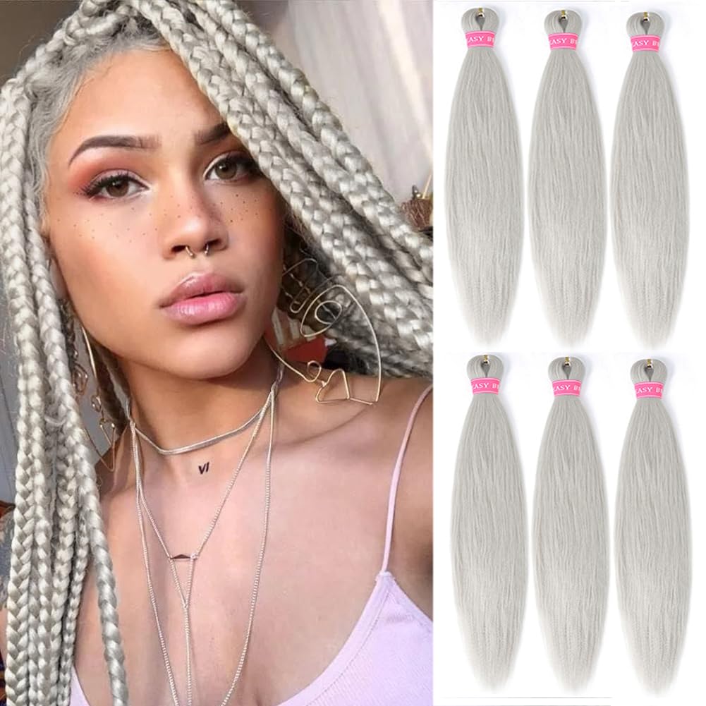 Mychanson Braiding Hair Pre Stretched 26 Inch 6 Packs Prestretched Braiding Hair Extension Synthetic Soft Hair Extensions for Braids-Silver Grey