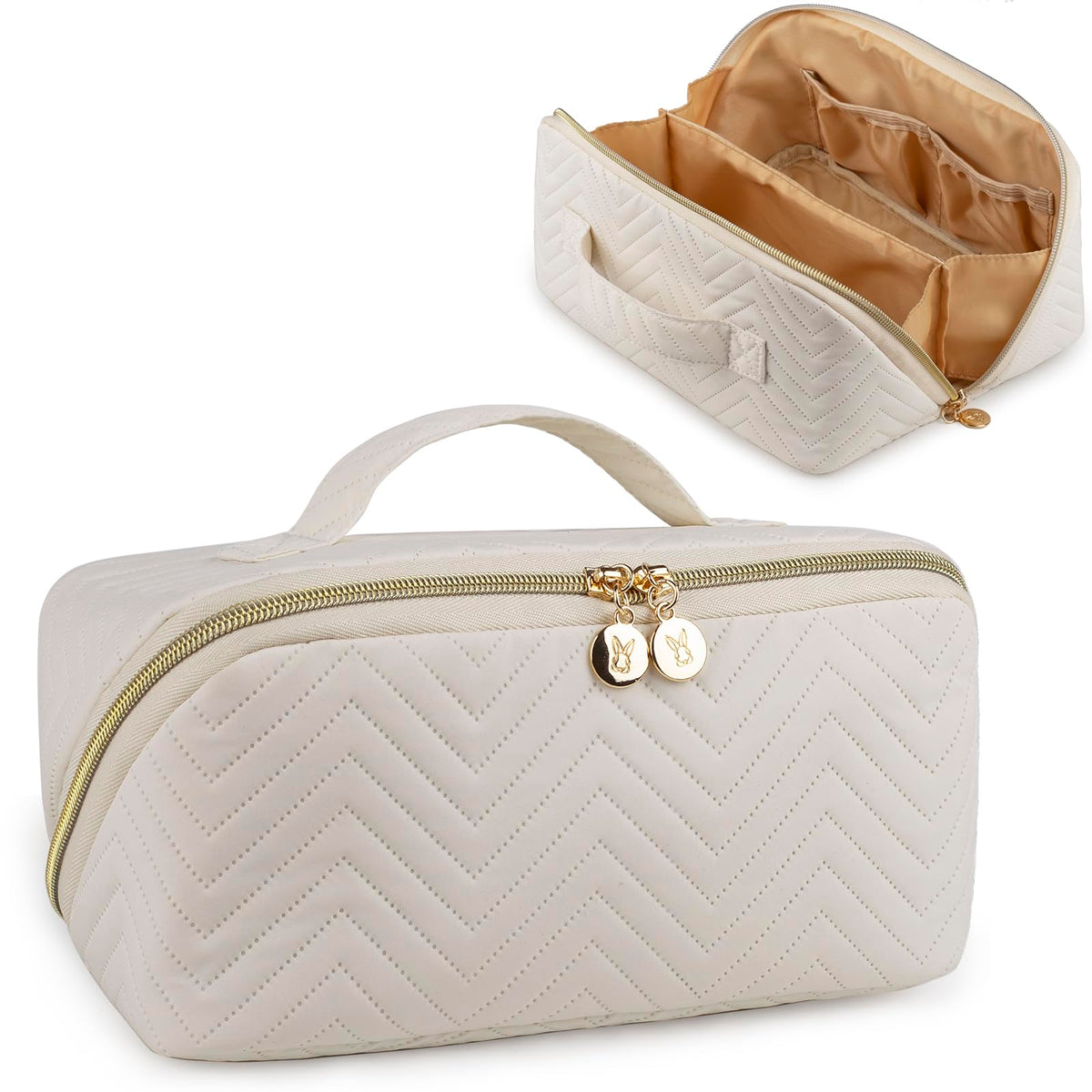 Bunnychill Makeup Bag Cosmetic Bag Large Capacity Travel Makeup Bag for Women with Portable Pouch Open Flat Water-resistant Toiletry Organizer Bag with Handle (Beige)