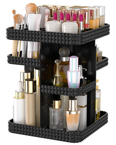 HEMTROY Rotating Makeup Organizer with Makeup Brush Holder Large Capacity Perfume Organizer for Vanity Countertop Acrylic Skincare Organizers Spinning Holder Storage Rack (Black)