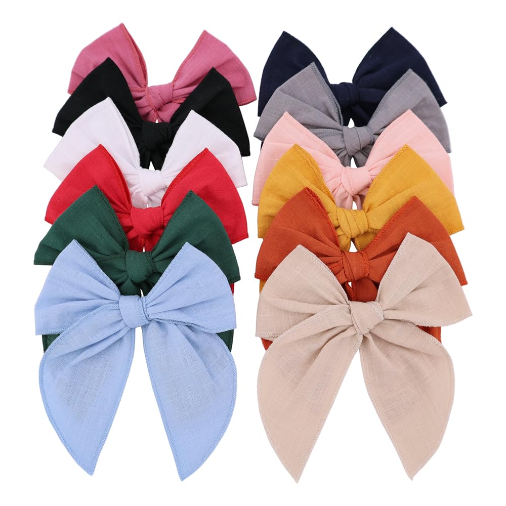 12 PCS Large Fable Bow Hair Clip for Little Girl Kids Linen Velvet Hair Bows Barrettes Alligator Clips Baby Mom Women Hair Accessories (Linen 12 PCS)