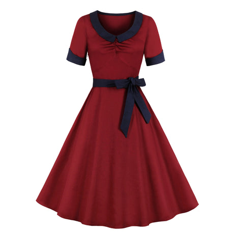 Retro Waist-Defined Short Sleeve Dress for Women