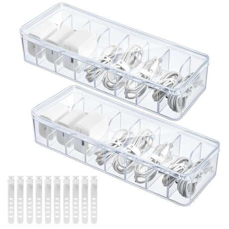 2 Pack Plastic Cord Organizer Box with 20 Wire Ties Electronics Accessories Storage Case Clear Cell Phone Cord Storage Organizer with 8 Compartments for Home Office Desk Organizers and Accessories